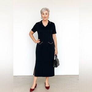 Vintage Liz Claiborne Maxi Shift Dress Black Knit Short Sleeve Size Large